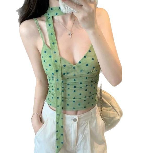 Summer New Pure Desire Dopamine Wear V-neck Polka Dot Sling Vest Female Slim Neck Streamer Short Top