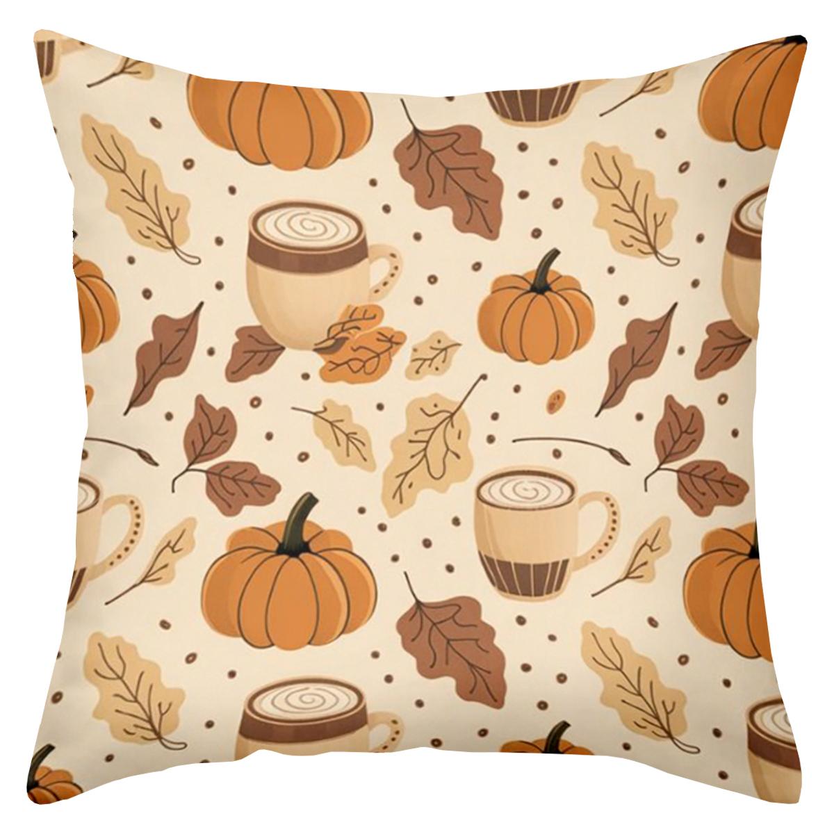 

1 Pieces -2D flat printing Pumpkin Leaf Coffee Pattern Throw Pillows Polyester pillowcase sofa decorative cushion cover 16x16Inch