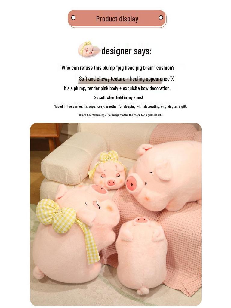 Plush Pig Head & Brain Bowknot Pillow - Adorable Pig Shaped Cushion for Girls' Beds and Sofas