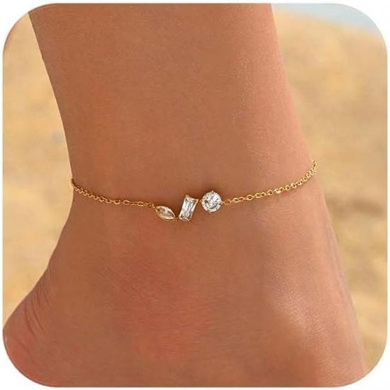 NONAMOIS 18K Gold Plated Ankle Bracelets for Women Waterproof | Stainless Steel Gold CZ Cross Layered Bow Link Chain Anklets Non Tarnish Summer Beach