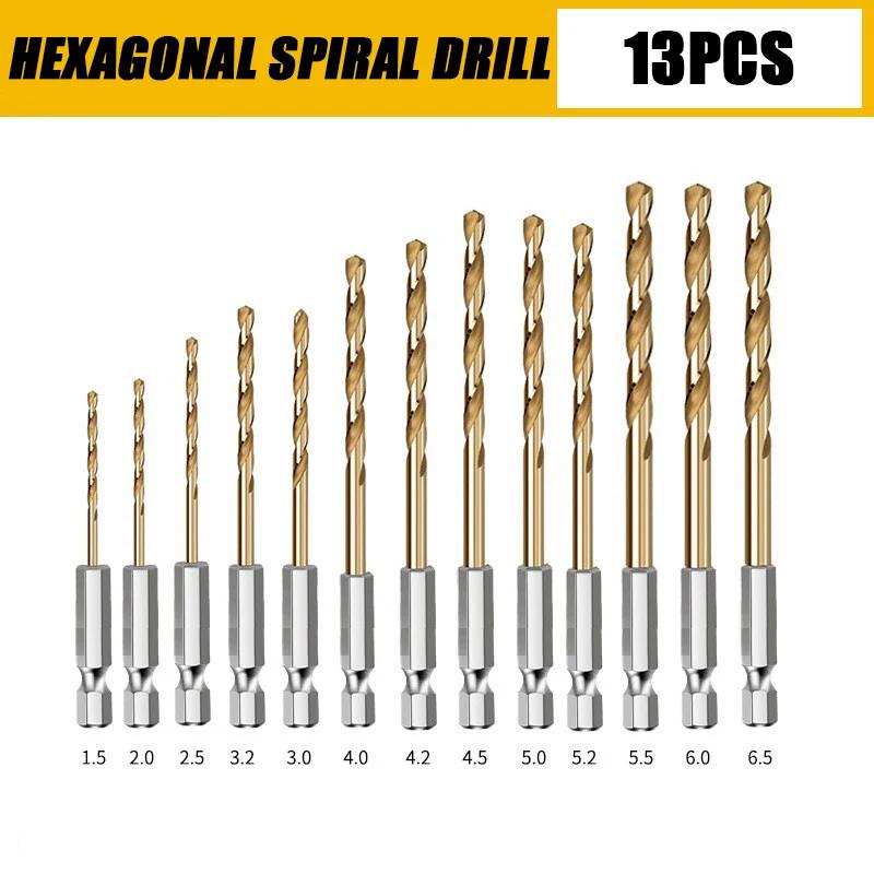 13PCS Hexagonal Handle Titanium Twists Drill 1.5-6.5mm Electric Drill Screwdriver Drilling Reaming Drill Tool Spiral Drill Bit