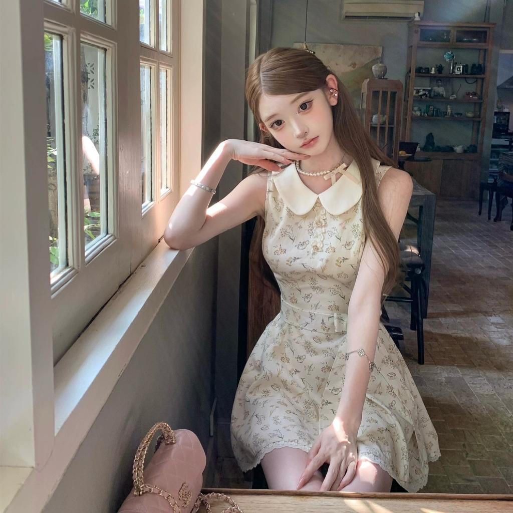Sweet Doll Collar Bow Strap Waist Floral Dress Women's Summer Beauty Girl Feeling Gentle Wind Age Reduction