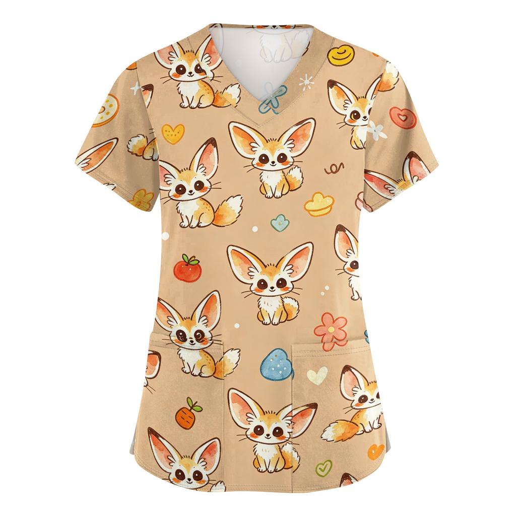 Damen V-Ausschnitt Kurzarm Arbeits-Top mit Taschen Tierprint Professionelle Uniform Pflegekittel für medizinisches und Pflegepersonal
