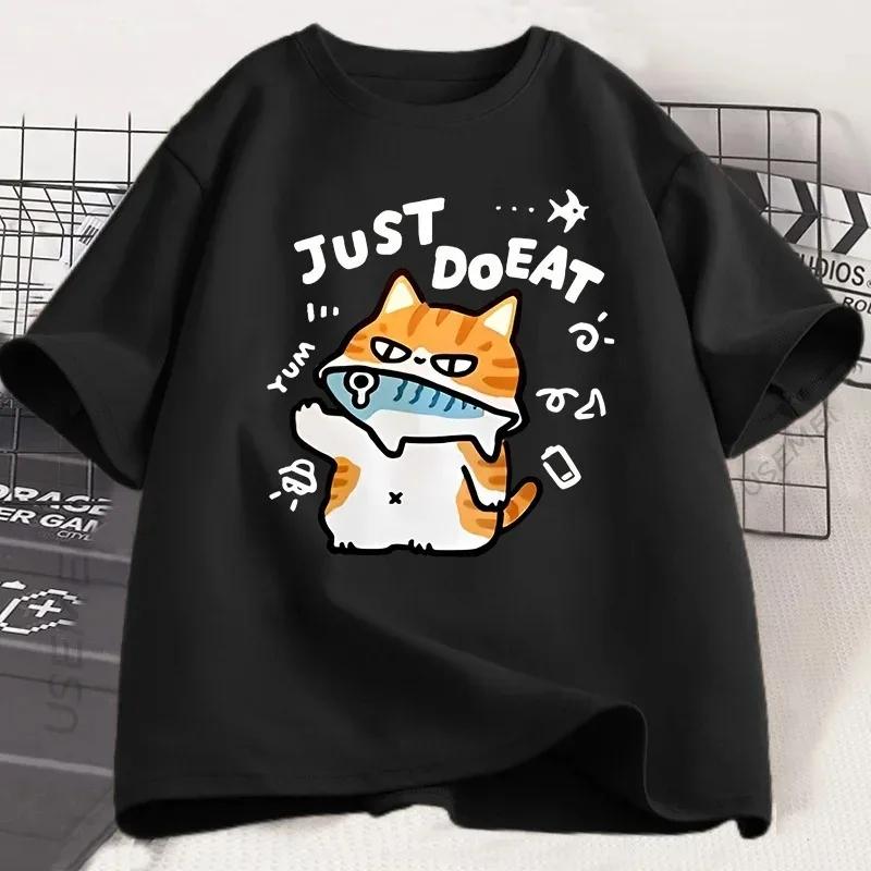 Funny Cat Eat Fish T-shirt for Women Summer Tops Tshirts O-neck Women Clothing Streetwear Short Sleeve T Shirt