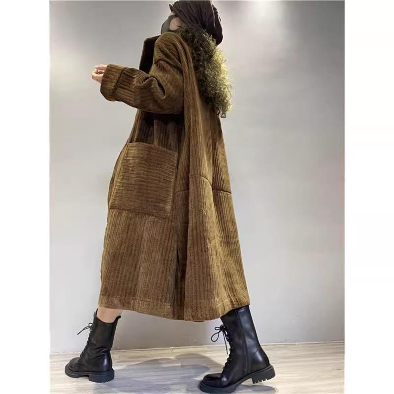 Thickened Fleece Long Corduroy Warm Outerwear Women's Single Button Open Cardigan Windbreaker Autumn Winter Outerwear