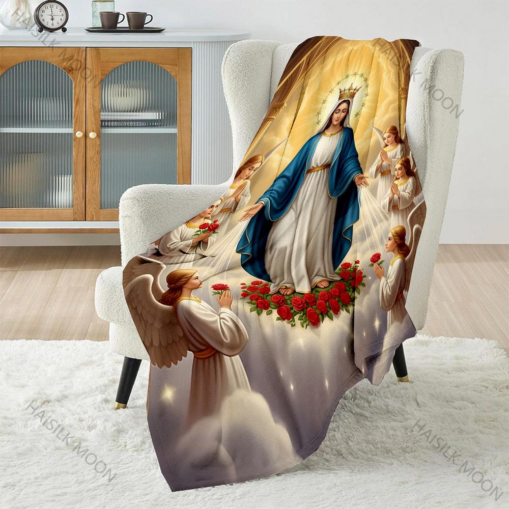 1PC Virgin Mary Surrounded by Angels Print Believer Pray Blanket Warm Soft Flannel Material Suitable for All Seasons Luxury Gift