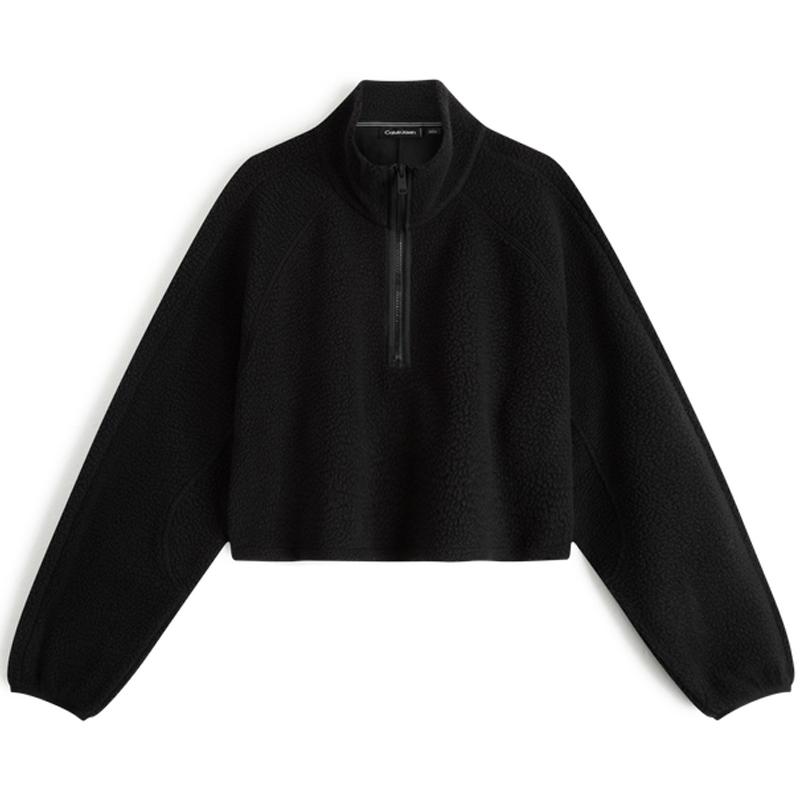 CALVIN KLEIN Solid Minimal Embroidered Letter Stand Collar Fleece Cropped Pullover Sweatshirt Women Space Black 4WF3W327001 M