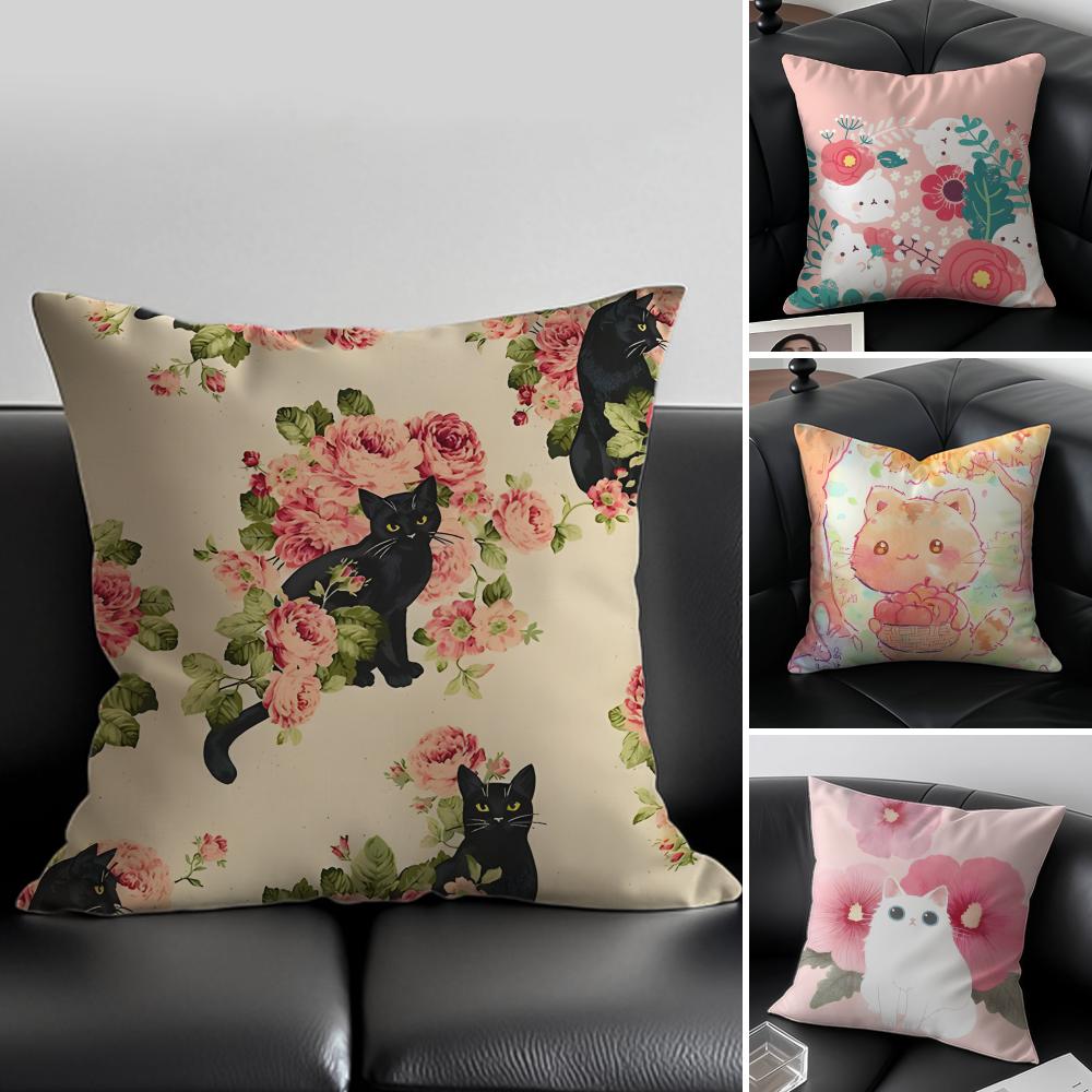 K-Kitty Flowers Apples Kitty Cushion Cover Pillow Case Soft Friendly Fabric & Concealed Zipper
