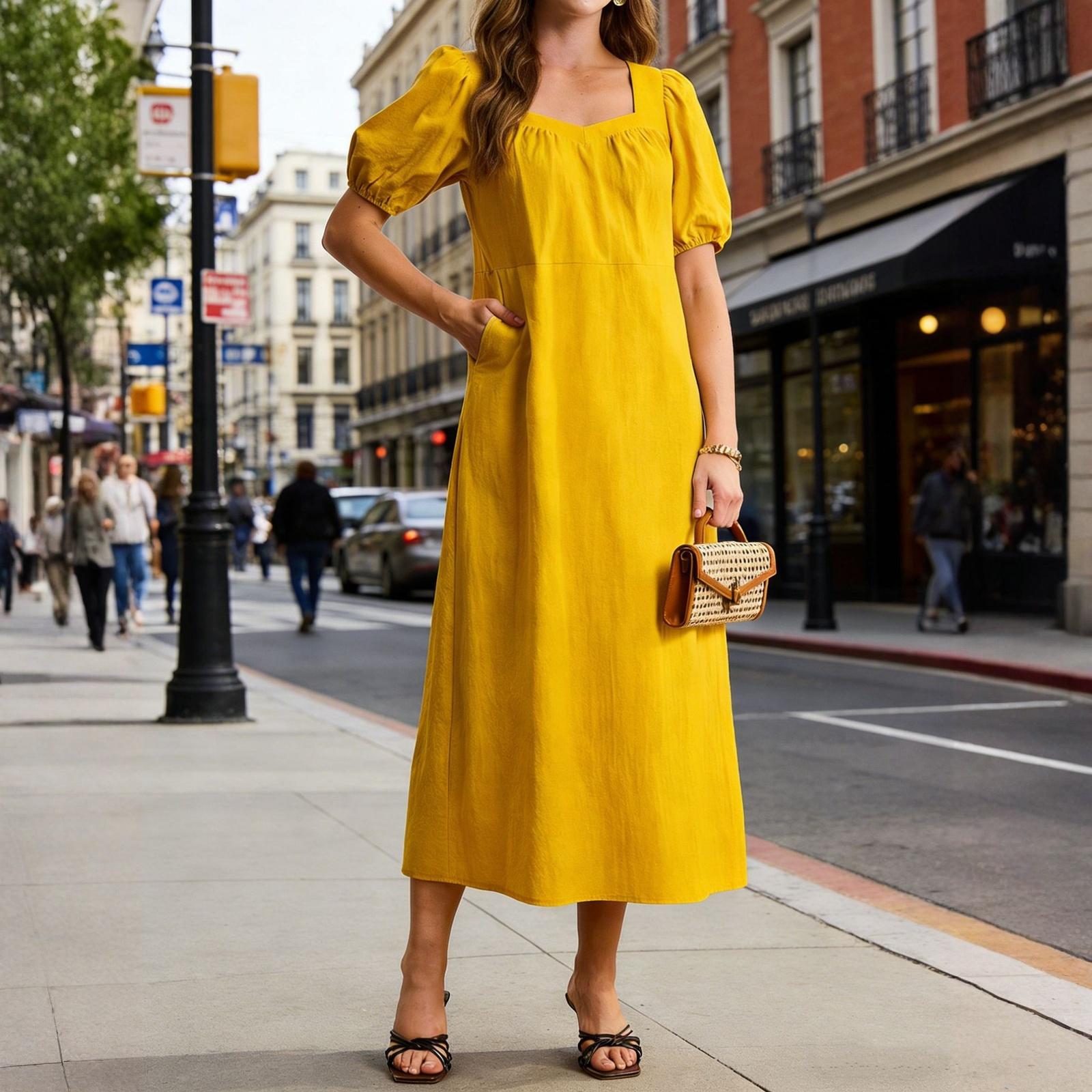 Women s Elegant And Versatile Short-sleeved Dress For Commuting M жёлтый