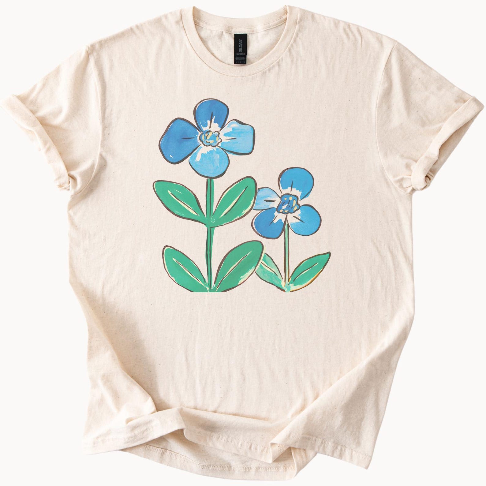 Hand Drawn Blue Flower Graphic Tee Artistic Floral T Shirt Botanical Illustration Shirt Nature Inspired Flower Art Tee Shirt 100