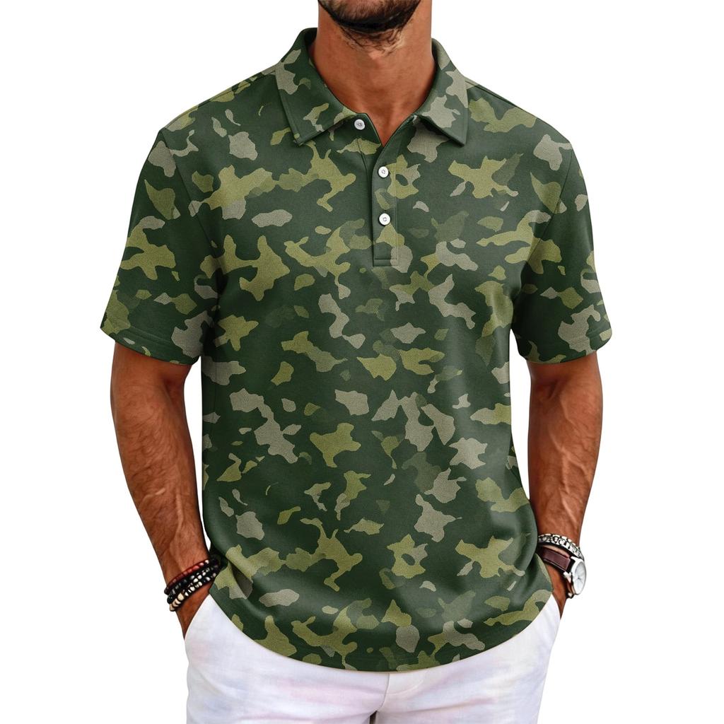 Men's Camouflage Polo Shirt Slim Fit Short Sleeve Business Casual Collar Buttoned Front Breathable Fabric Lightweight Design