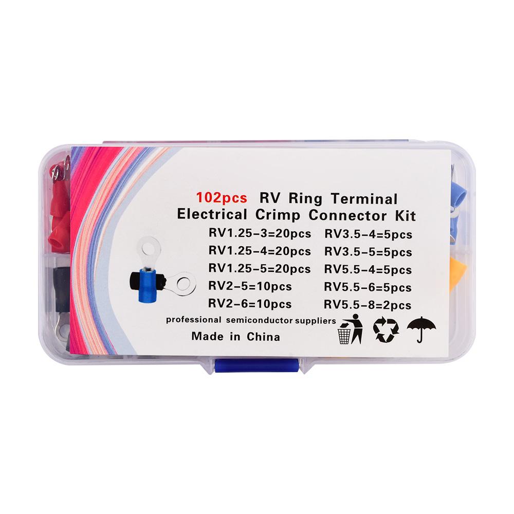 10 Sizes RV1.25/2/3.5/5.5 Ring Terminal Insulated Connector Circle-Shaped Wire Copper Cold Press Block Lug 102PCS AWG10-22