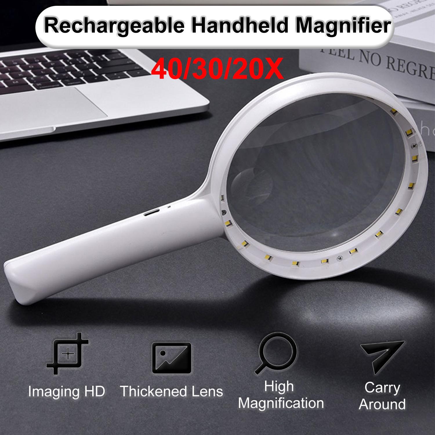 

40/30/20X Rechargeable Handheld Illuminated Magnifier Portable Magnifying Glass with 3 Lighting Modes Magnifier for Reading