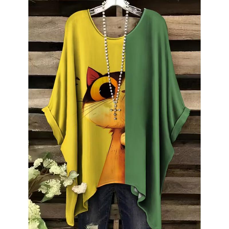 Camiseta Retro para Mujer Gráfico de Gato Anime Ropa de Chica Verano Cuello Redondo Manga Corta Camisetas Femeninas Harajuku Streetwear Blusa Oversized