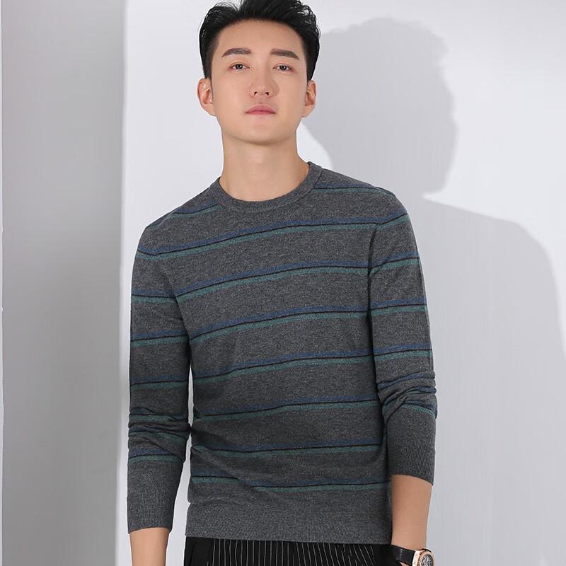 

Yiliteng Men s Striped Round Neck 100% Wool Pullover Sweater L