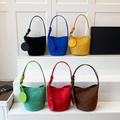 Solid Color Women Suede Shoulder Bucket Bags Large Capacity Versatile Ladies Underarm Tote Casual Female Phone Handbags Purse