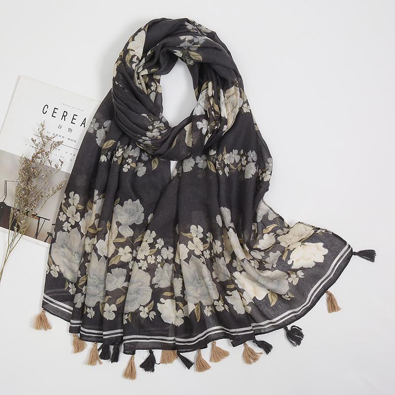 Newest Flower Printed Scarf Hijabs Tassels Women Shawls Cotton Muslim Hijab Headscarf Wraps Large Size Fashion Head Scarves
