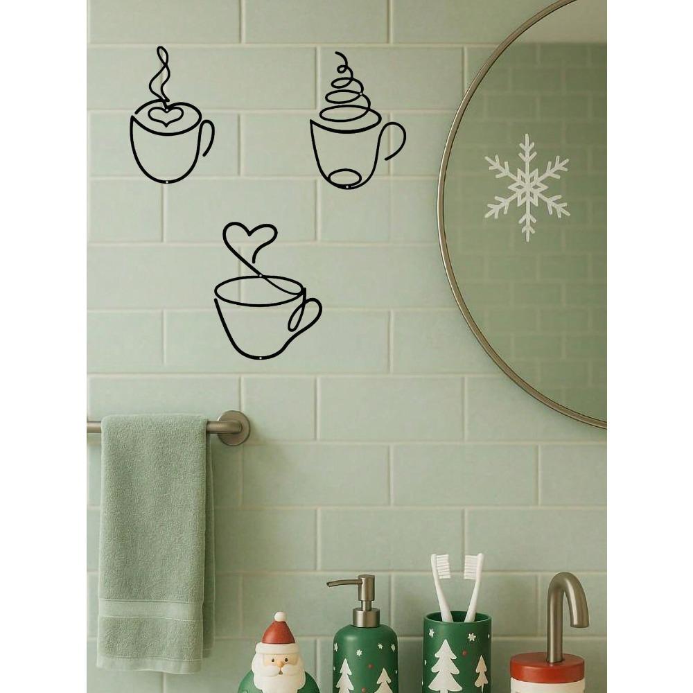 3-Piece Modern Metal Coffee Cup Wall Art Set, Christmas Theme, Black, Durable, Rustproof, Home Decor for Living Room, Bedroom, Kitchen, Bathroom