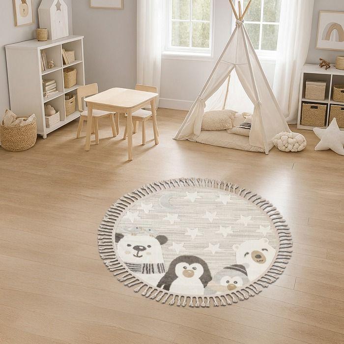 Soft Round Children's Rug Polar Animal Pattern White 130x130