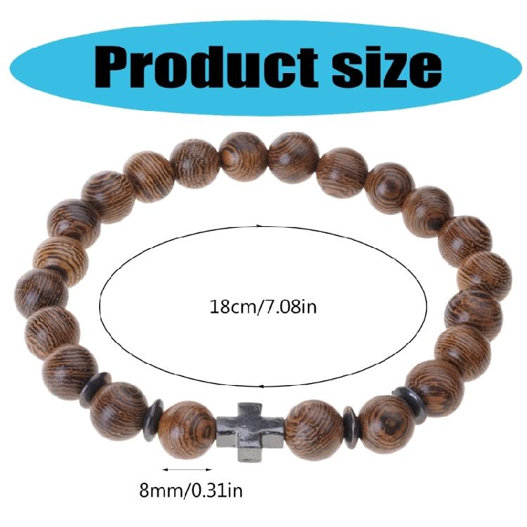 Handmade Natural Wood Bead Cross Bracelet Men Charm Beaded Elastic Bracelets