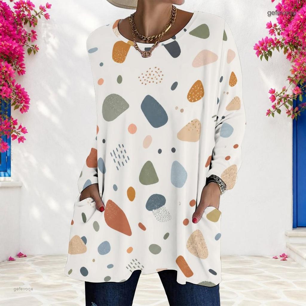 Women Plus Size Round Neck Long Sleeve Geometric Printed Loose Longline T Shirt With Pockets