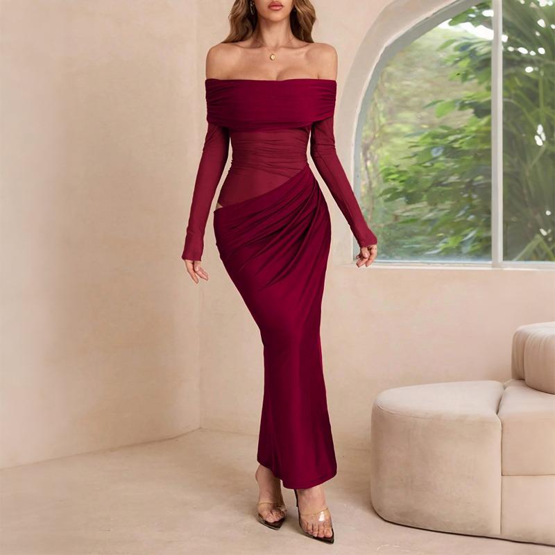 Elegant Off-shoulder Long-sleeved Mesh Long Skirt for Women Autumn and Winter One-shoulder Slim High-waisted Dress
