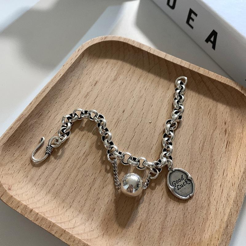 PANJBJ 925 Silve Beads Letters Bracelet for Women Girl Gift Punk Good Luck Simplicity Jewelry