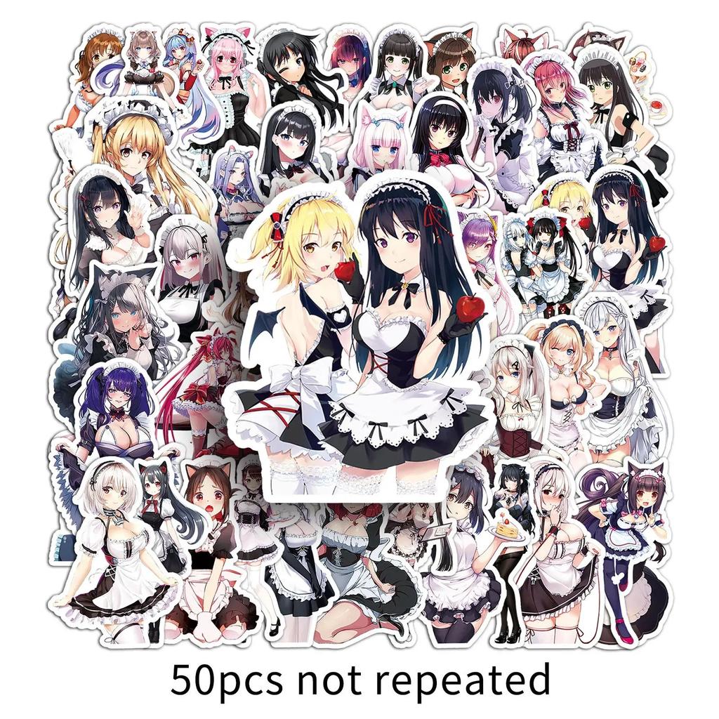 50pcs Waterproof Anime Cat Lady Kawaii Uniform Maid Stickers Japanese Cartoon Manga Drawing Doodle Decorations