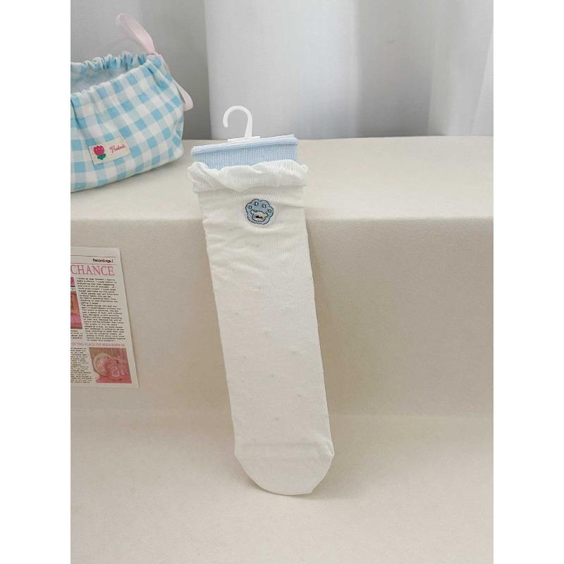 

Cartoon Embroidered Pile Socks with Contrasting Color At The Toe, Small Polka Dots on The Mid-calf, Summer Lightweight Cotton Socks for Women 1 pair синий