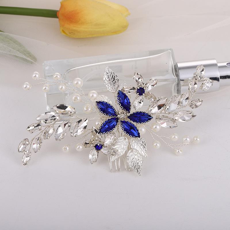 Pearl Blue Diamond Hair Comb Bridal Headwear - Elegant Evening Accessory