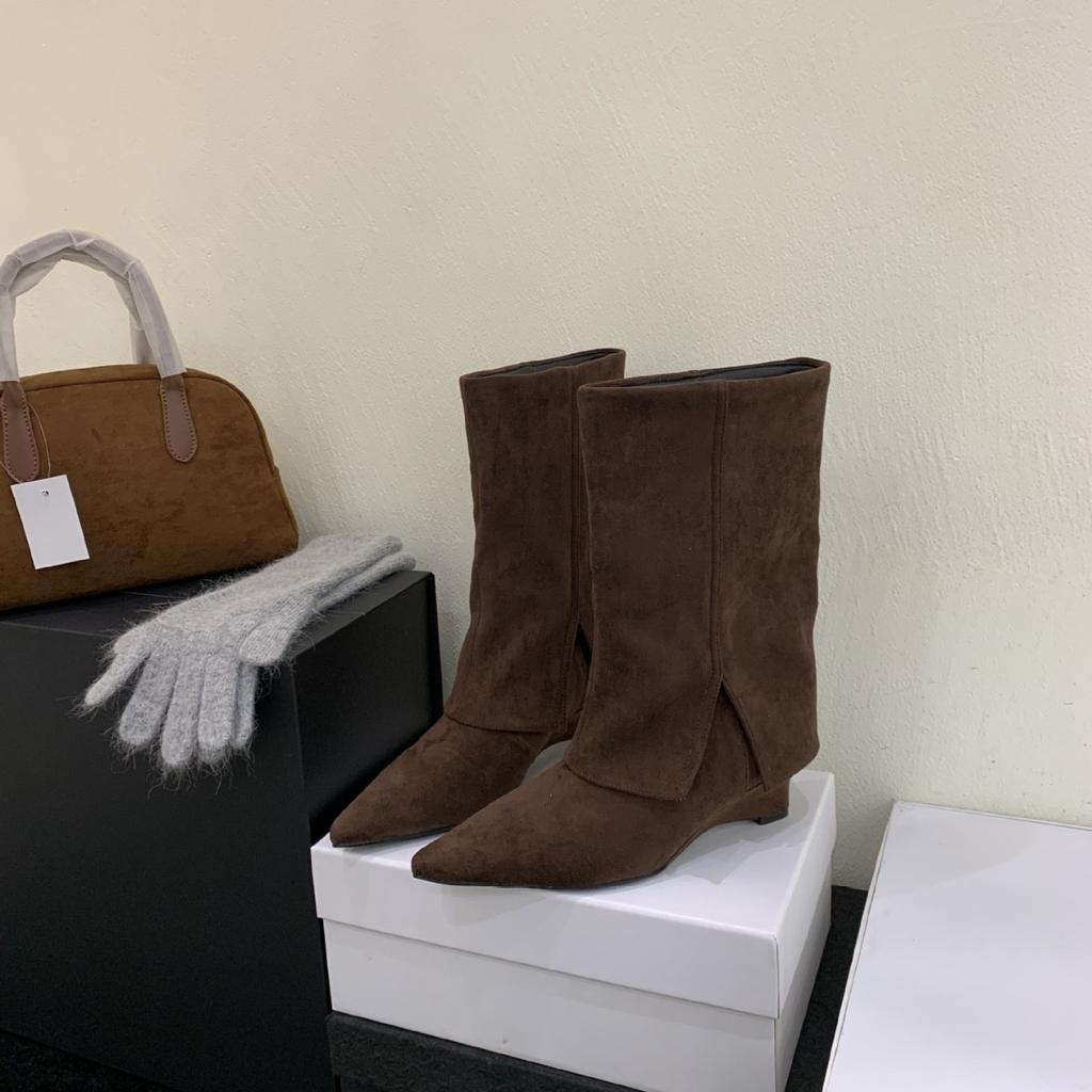 Wedge heel French retro pointed western cowboy boots women's boots autumn new mid-tube pants tube boots
