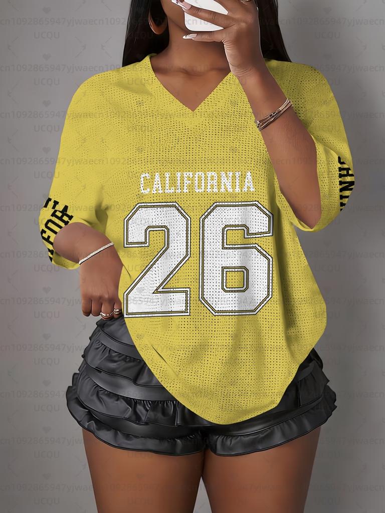 Women's California NO.26 Print V-Neck Short Sleeve T-Shirt Summer Graphic Tee Hole Mesh Jerseys Plus Size Sport T-Shirt