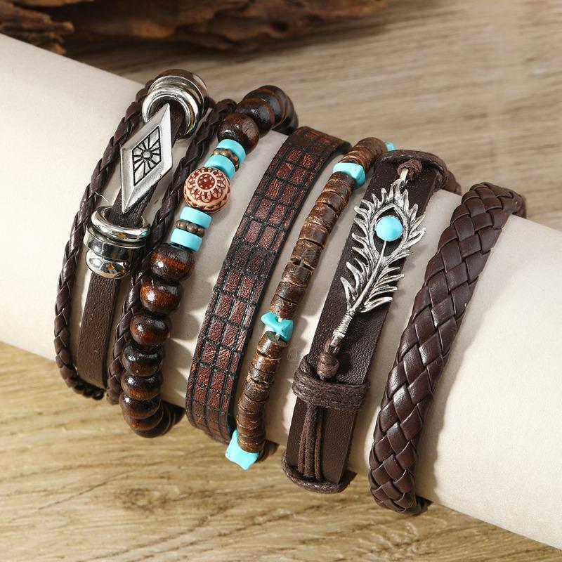 Summer New Hot-selling Retro Fashion Wind Wood Beads Beaded Alloy Rhombus Peacock Feather Hand-woven Bracelet