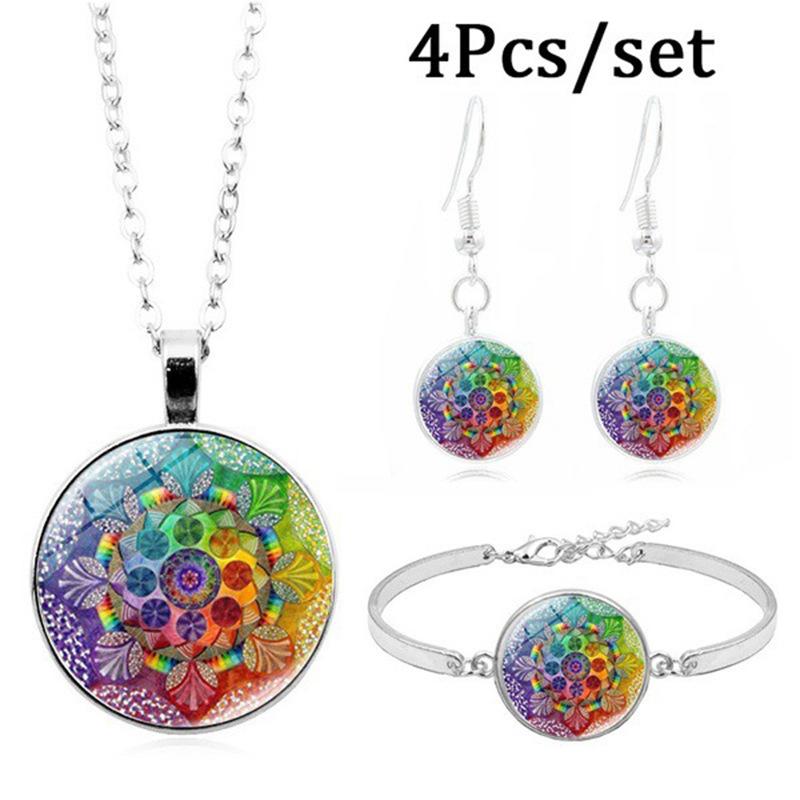 Accessories, Geometric Round Jewelry Three-Piece Set, Mandala Time Gem Necklace, Stud Earrings Bracelet