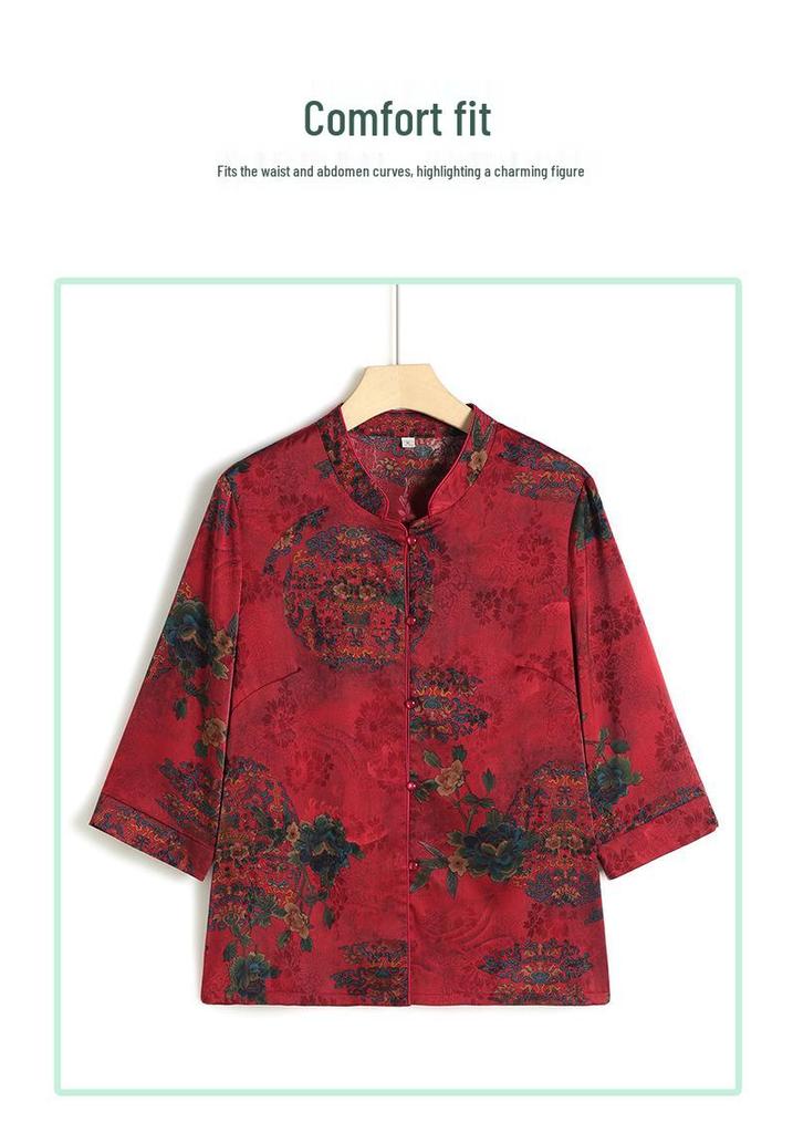 Festive Red Tang Suit Shirt for Elderly Women - Chinese Style Mother's Summer Wedding Attire