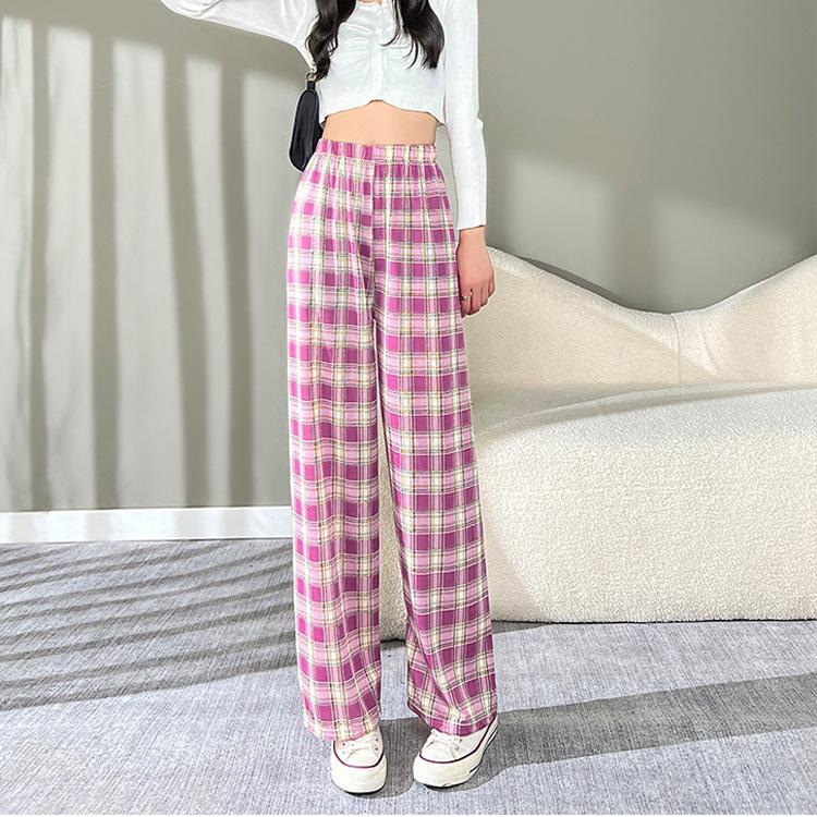 Women's High-Waist Black & White Plaid Wide-Leg Pants - Slim, Versatile, Casual, Loose, with Velvet, Ideal for Autumn and Winter