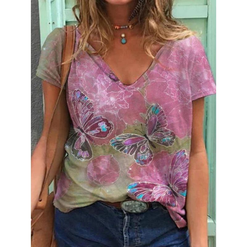 Sommer Schmetterling Libelle 3D V-Ausschnitt Bedruckt Neues Damen Top T-Shirt
