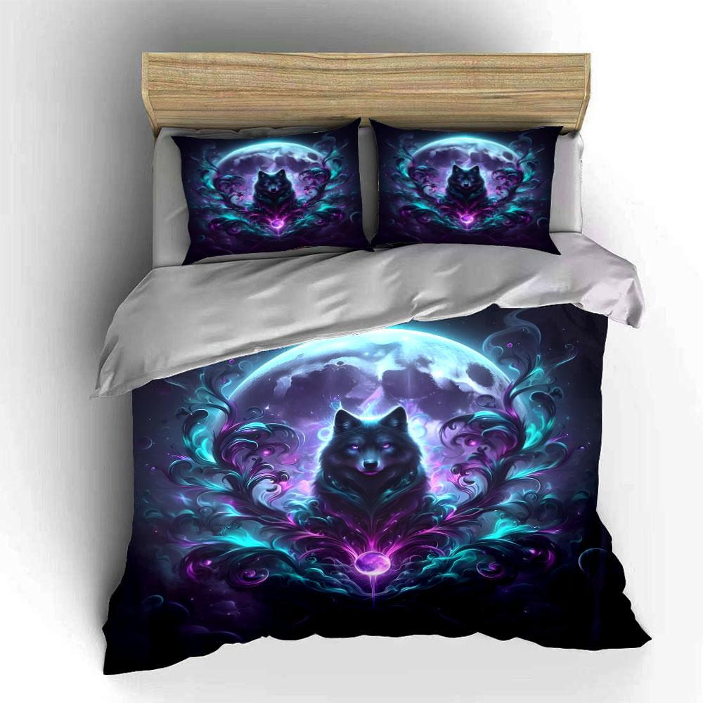 Mystical Wolf and Moon Design Bedding Duvet Cover Set  (1*Duvet Cover 2*Pillowcases, Without Duvet Insert)