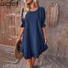 QICED Women's Fashion Summer Spring Solid Color Print Short Sleeve V-Neck High Waist Casual Dresses