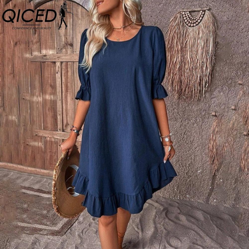 QICED Women's Fashion Summer Spring Solid Color Print Short Sleeve V-Neck High Waist Casual Dresses