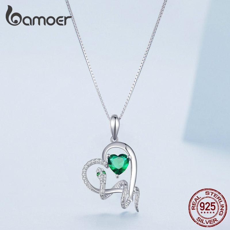 BAMOER 925 Sterling Silver Delicate Green Zircon Heart Pendant Necklace Snake Intertwine Love Neck Chain for Women Fine Jewelry