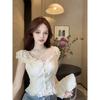 Summer New Arrival Women's French Floral Puff Sleeves Chiffon Shirt Short Temperamental Tops Sweet Short Sleeve White Shirt