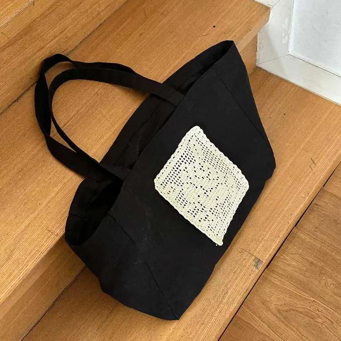 Flower Doily Big Canvas Shopper Bag _ Black