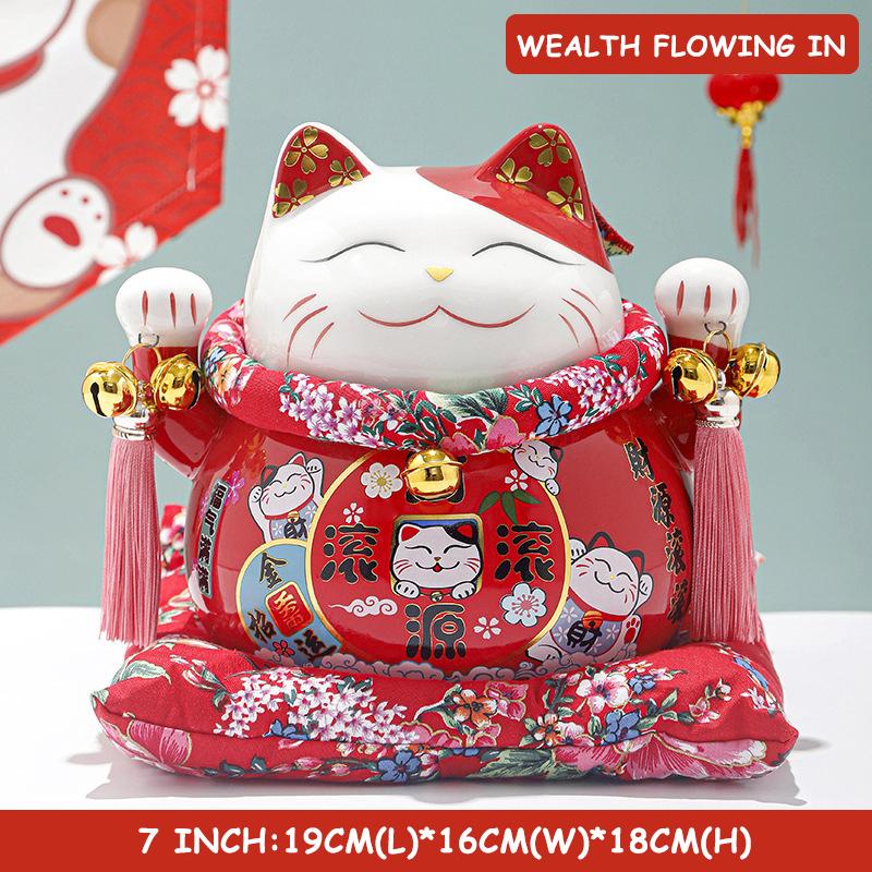7 inch Ceramic Lucky Cat Statue Maneki Neko Porcelain Fortune Cats Figure Money Bank Feng Shui Decor Ornament Home Centerpiece
