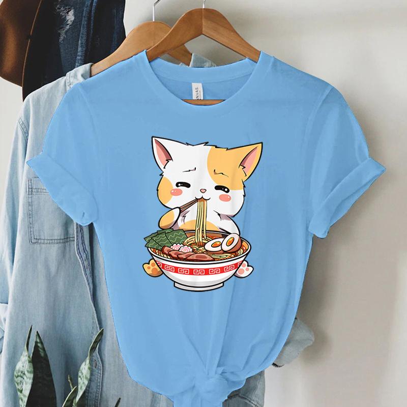 Tshirt Print Lovely Cat Ramen Cute Graphic Tee Casual Shirt Women Oversized Loose Fashion Trend Tshirt Cat Ramen Summer Shirt