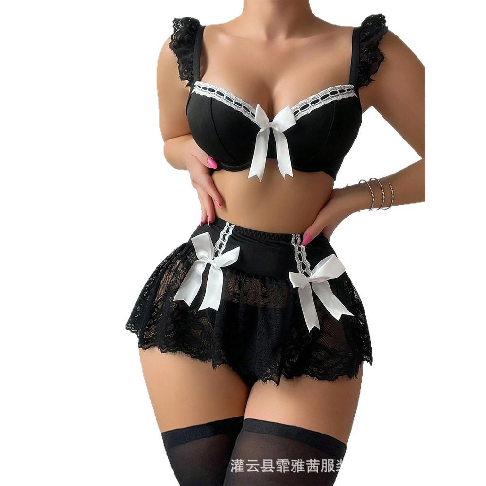 European and American Erotic Underwear Large Size Maid Wear Steel Tray Gather Sexy Lace Uniform Women's Suit