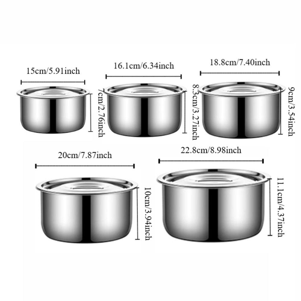 5Pcs Rustproof Stainless Steel Soup Pot With Lid Salad Bowl Lard Basin Stock Pot Set  Food
