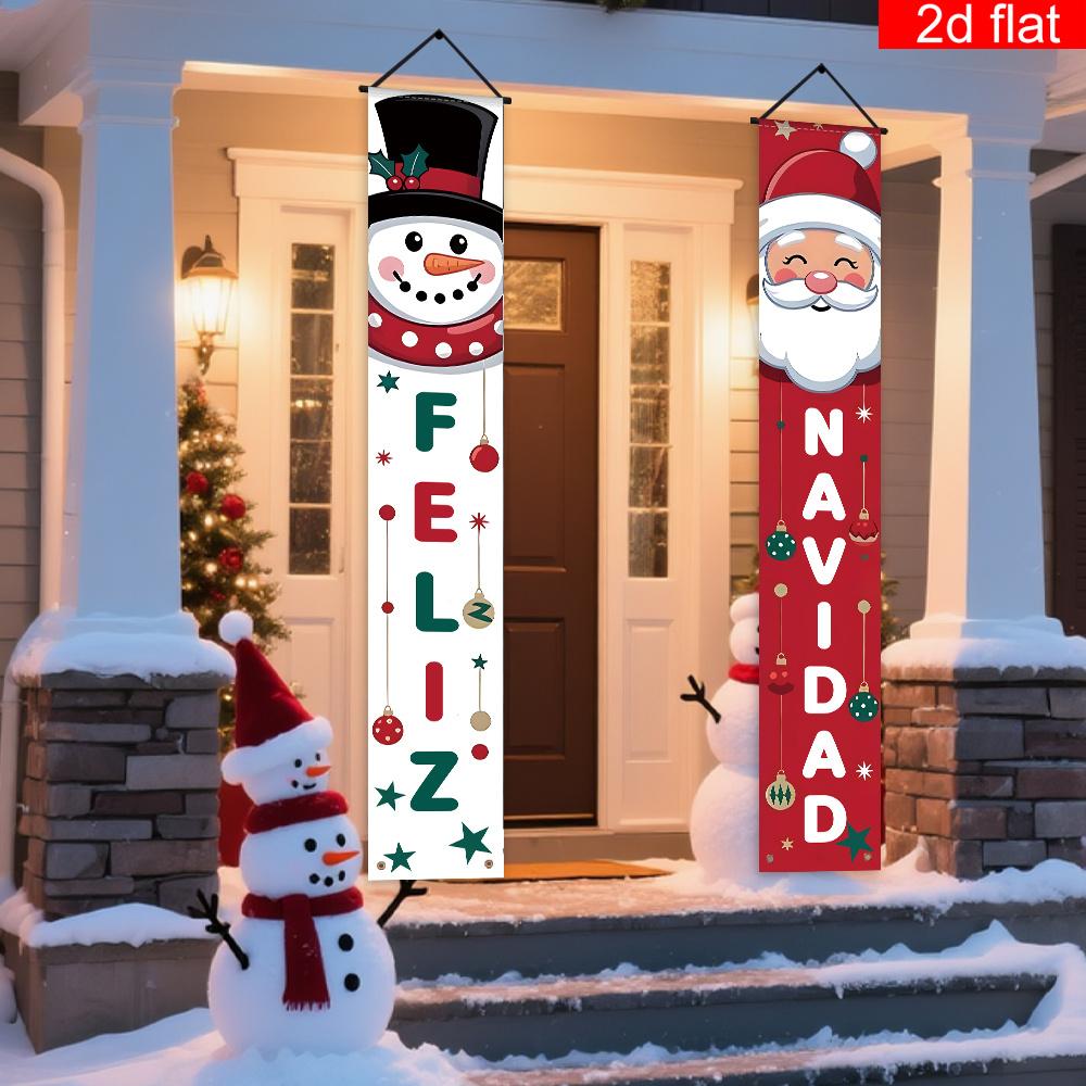 1 Pair Christmas Hanging Banner, 'Feliz Navidad' Doorway Decor with Cute Santa Claus and Snowman, Elegant Outdoor Indoor Decor