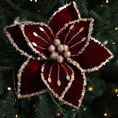 26CM Artificial Poinsettia Flower Sequins Glitter Christmas Glitter Flower Sparkling Simulation Flowers Christmas Tree Accessory