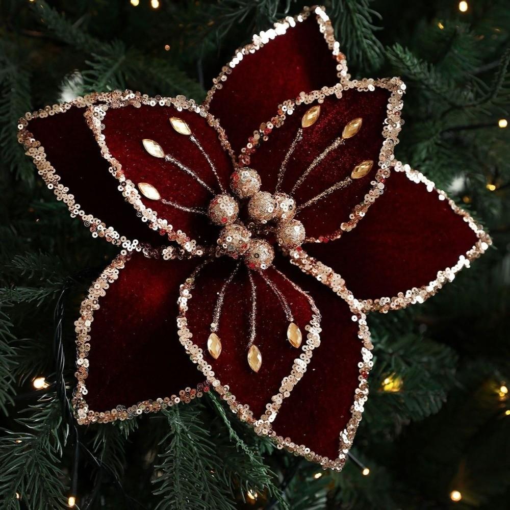 New 26CM Artificial Poinsettia Flower Glitter Sparkling Simulation Flowers Sequins Sequins Flower Christmas Tree Accessory
